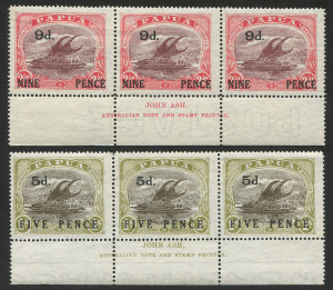 PAPUA: 1931 (SG.125-26) 5d on 1/- and 9d on 2/6 overprints in Ash Imprint strips of 3, fine Unused. (6 stamps).