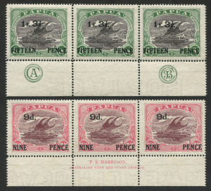PAPUA: 1931 (SG.123-24) 1/3 on 5/- CA & JBC Monogram strip of 3; plus 9d on 2/6 Harrison Imprint strip 3, fine Unused. (6 stamps).