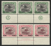 PAPUA: 1931 (SG.123-24) 1/3 on 5/- CA & JBC Monogram strip of 3; plus 9d on 2/6 Harrison Imprint strip 3, fine Unused. (6 stamps).