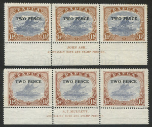 PAPUA: 1931 (SG.121-22) TWO PENCE on �d surcharges in matching Mullett and Ash Imprint strips of 3, fine Unused. (6 stamps).
