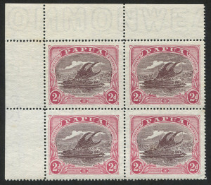 PAPUA: 1916-31 (SG.96aw) 2d brown-purple & claret, upper left cnr.blk.(4); Unit 2 with "lightning strike" variety; wmk Crown to right of A. Unused.