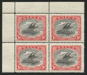 PAPUA: 1916-31 (SG.94bw) 1d black & carmine-red, upper left cnr.blk.(4); Unit 2 with "lightning strike" variety; wmk Crown to right of A. Unused.