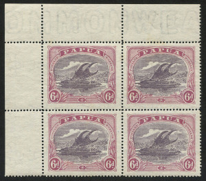 PAPUA: 1916-31 (SG.101b) 6d dull purple & red-purple, upper left cnr.blk.(4); Unit 2 with "lightning strike" variety; wmk Crown left of A. Fresh Unused.