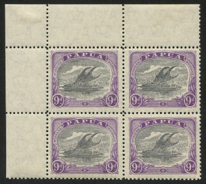 PAPUA: 1932 (SG.127) 9d lilac & violet, upper left cnr.blk.(4); Unit 2 with "lightning strike" variety; stamps MUH. (Hinged in top margin only).