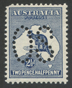 Kangaroos - First Watermark: 1913 (SG.O4) 2½d Indigo, perforated Large OS, fresh MLH; perf fault at upper left corner. Cat.$500.