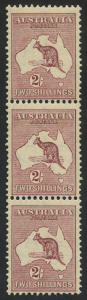 Kangaroos - CofA Watermark:  2/- Maroon (1st Die), vertical strip of 3 with varieties "White flaw in Gulf of Carpentaria retouched" [L39], "Flaw on S of AUSTRALIA" L45] and "No top to 2nd A of AUST.." [L51].. Very fresh MUH.