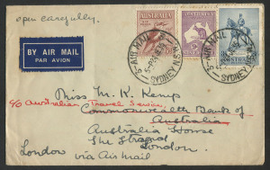 Australia: Postal History: June 1935 usage of 9d Kangaroo + 6d Kooka + 3d Jubilee paying the 1/6 airmail rate on a cover fron SYDNEY to LONDON.