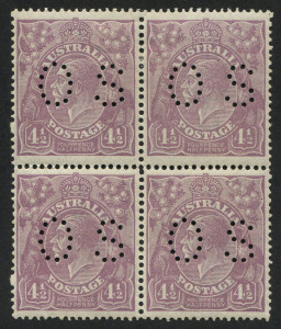 KGV Heads - Single Watermark: 1924-25 (SG.O84) Single Wmk 4½d Violet, perforated OS, block (4), upper units MLH, lower units MUH. A scarce stamp. Cat.$$2400+.