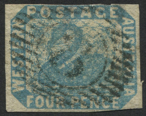 WESTERN AUSTRALIA: 1854-55 (SG.3b) 4d Deep dull blue, margins good-to-touching, Used. (Thinned at rear along top edge.). Cat.£850.