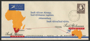 AUSTRALIA: Aerophilately & Flight Covers: 25-27 Nov.1957 (AAMC.1380-81) South Africa - Australia & return special covers flown on the inaugural flights by South African Airways, (2). The attractive covers show the route via Mauritius and Coco Island.