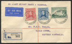 AUSTRALIA: Aerophilately & Flight Covers: 14-20 July 1930 (AAMC.165a) Onslow - Hall's Creek, registered cover flown by Western Australia Airways on the extension to Wyndham, of their Perth - Derby route. The pilot was Norman Brearley. Cat.$100+.