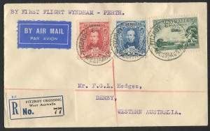 AUSTRALIA: Aerophilately & Flight Covers: 14-20 July 1930 (AAMC.165a) Fitzroy Crossing - Derby, registered cover flown by Western Australia Airways on the extension to Wyndham, of their Perth - Derby route. The pilot was Norman Brearley. Cat.$100+.