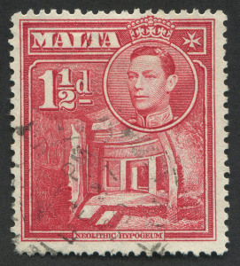 MALTA: 1938-43 (SG.220a) KGVI 1�d scarlet Hypogeum variety "Broken Cross", postmark well clear of the flaw, fine used, Cat. �90.