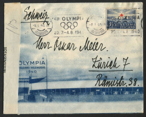 FINLAND: "OLYMPIA HELSINKI - HELSINGFORS 1940" illustrated envelope, Attractively used in January 1940 with an Olympic Publicity roller cancel from, Helsinki to Zurich; the adhesive tied by the postmark; censor tape at left. Helsinki images on reverse. [