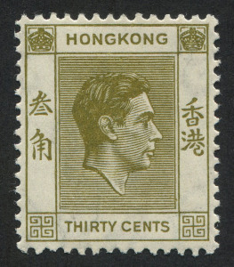 HONG KONG: 1938-52 (SG.151) KGVI 30c yellow-olive P.14, fine MLH, Cat �150.