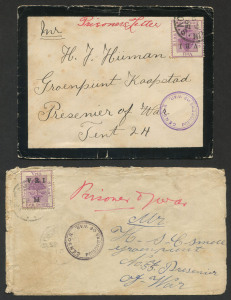 SOUTH AFRICA - Postal History: BOER WAR:1900 inwards covers to Green Point POW Camp, Cape Town, endorsed "Prisoners Letter" or "Prisoner of War" in red ink, each with Orange Free State 1d Surcharge issues tied by indistinct datestamps, both with fine strikes of circular "CENSOR/PRISONER OF WAR" handstamps; both covers edge blemishes.