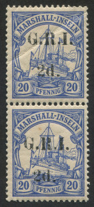 NEW GUINEA - 'G.R.I.' Overprints: 1914 (SG.53) GRI 5mm Overprint Setting on Marshall Islands 2d on 20pf ultramarine vertical pair, upper unit crease, lower unit faint spot, MUH Cat. �54+.
