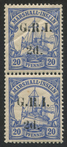 NEW GUINEA - 'G.R.I.' Overprints: 1914 (SG.53) GRI 5mm Overprint Setting on Marshall Islands 2d on 20pf ultramarine vertical pair, upper unit crease, lower unit faint spot, MUH Cat. �54+.