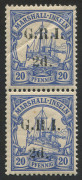 NEW GUINEA - 'G.R.I.' Overprints: 1914 (SG.53) GRI 5mm Overprint Setting on Marshall Islands 2d on 20pf ultramarine vertical pair, upper unit crease, lower unit faint spot, MUH Cat. �54+.