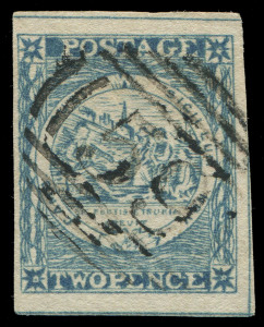 NEW SOUTH WALES: 1850 (SG.23) Horizonatally-lined background, Dots in Corner Stars, 2d grey-blue Sydney View, Early Impression, hinge thin, otherwise fine, BN '59' cancel (rated R), Cat. £300.