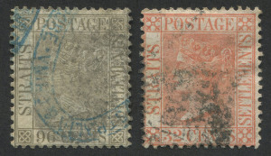 Malaya - Straits Settlements: 1867-72 (SG.18-19) Wmk Crown CC 32c pale red & 96c grey used, the latter with additional company security cancel in blue, Cat �125. (2)