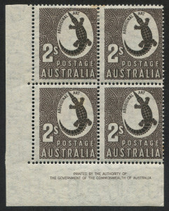 Australia: Other Pre-Decimals: 1951 (SG.224var.) 2/- Aboriginal Art, Authority Imprint blk.(4) on watermarked THIN PAPER;  2 MUH/2 MLH. [BW:263a - Cat.$480].