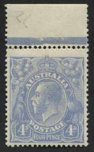 KGV Heads - Single Watermark: 1922 (SG.65) 4d Utramarine, superb marginal single from the top row of the sheet; exceptionally fresh and well centred MUH.