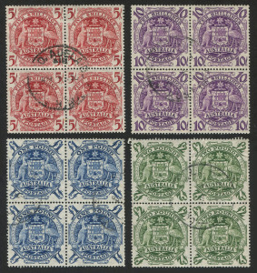 Australia: Other Pre-Decimals: 1949-50 (SG.224a-d) 5/- - £2 Arms, complete set in superb FU blocks of 4, (16). Hard to find.