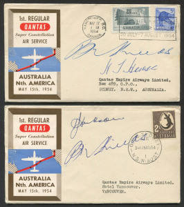 AUSTRALIA: Aerophilately & Flight Covers: 15-17 May 1954 (AAMC.1344-45) Sydney - Vancouver & return flown special covers carried by QANTAS on their inaugural Super Constellation service to Canada; both covers signed by the pilots and bearing the vignette