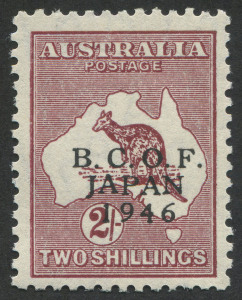 BCOF Japan: 2/- Kangaroo, with overprint variety "First A in JAPAN raised", fresh MUH. UNLISTED.