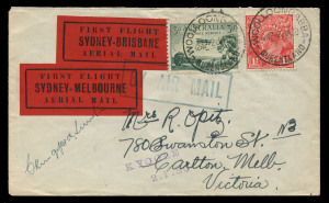 AUSTRALIA: Aerophilately & Flight Covers: 2 Jan. 1930 (AAMC.149) Brisbane - Sydney first flight by Australian National Airways; signed by Charles Kingsford Smith (one of the pilots) and bearing the special SYDNEY-BRISBANE red/black vignette (as well as t