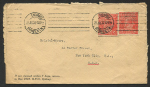 KGV Heads - Single Watermark: July 1922 usage of KGV 2d Deep Orange, (2) on commercial cover from SYDNEY to NEW YORK; the LH unit with variety "Scratch through left value tablet and words of value" [BW:95(2)h.].
