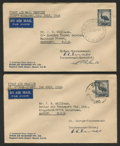 AUSTRALIA: Aerophilately & Flight Covers: 12 July 1948 (AAMC.1183a, 1183c) Sydney - Toorawenah - Narribri and St.George - Sydney flown covers, carried by Butler Air Transport on their inaugural service over this route; the outward cover signed by pilots 