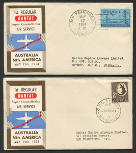 AUSTRALIA: Aerophilately & Flight Covers: 15-17 May 1954 (AAMC.1345b) Sydney - San Francisco & return flown special intermediate covers carried by QANTAS on their inaugural Super Constellation service to Canada; both covers bearing the vignettes. (2).