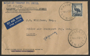 AUSTRALIA: Aerophilately & Flight Covers: 12 Dec.1946 (AAMC.1088a) Walgett - Sydney flown cover, carried for Butler Air Transport on their first flights via Walgett; signed by the pilot, T.R. Young. 