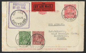 AUSTRALIA: Aerophilately & Flight Covers: 1 Oct. 1926 (AAMC.91) usage of boxed "FORWARDED BY AIR MAIL" cachet from MT. ISA on a KGV 1½d Lettercard to SYDNEY; uprated with additional adhesives and bearing the QANTAS "See Western Queensland" red/black vign