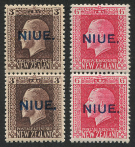 NIUE: 1917-21 (SG.29b & 30b) KGV 3d chocolate & 6d carmine, two-perf vertical pairs, fresh MUH/MLH. (4). Cat.�54+.