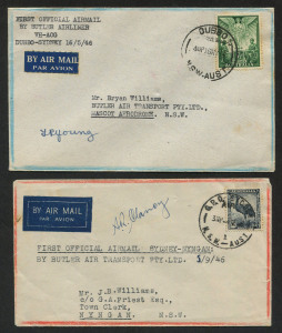 AUSTRALIA: Aerophilately & Flight Covers: 1946 First Flights by Butler Air Transport: 16 May 1946 (AAMC.1046) Dubbo - Sydney flown cover, signed by the pilot, T.R. Young; also, 5 Sept.1946 (AAMC.1058) Sydney - Nyngan flown cover, signed by the pilot, A.R