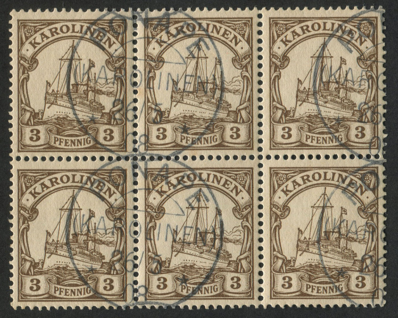 GERMAN COLONIES: CAROLINE ISLANDS (KAROLINEN) 1901 3pfg Yacht type, FU blk.(6) with PONAPE May 1908 cds's.