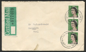 Australia: Decimal Issues: 1966-67 (SG.404) rare use of 3c QEII Coil strip of 3 to pay 9c Certified Mail rate on 1967 (Jan.25) cover from Prahran to Meredith (Vic). [This stamp was withdrawn from vending machines on Oct.1 1967. Usage during the period o