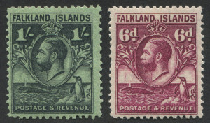 Falkland Islands: 1929-37 (SG.121-22) KGV 6d & 1/- Whale & Penguin, fine mint, Cat. �50. (2)