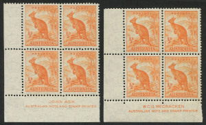 Australia: Other Pre-Decimals: 1938 (SG.164) ½d ornage Kangaroo, Ash and McCracken Imprint blks.4; superb MUH. (8). Cat.$55.