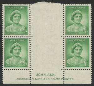 Australia: Other Pre-Decimals: 1937 (SG.165) 1d Queen Mother (Die 1) Ash Imprint blk.(4) with wide gutter. BW:181zv. Superb MUH.