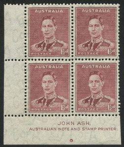 Australia: Other Pre-Decimals: 1938 (SG.166) 1½d Red-brown KGVI, Ash Imprint blk.(4) MUH/MLH.