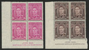 Australia: Other Pre-Decimals: 1937-39 (SG.175 & 187) KGVI 1/4 magenta & 3d brown, both in Ash Imprint blks.4, (8) all MUH except 1 x 3d brown which is MLH. 