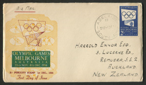 FDC: 1 Dec.1954 (SG.280) 2/- blue Olympic Publicity on WIDE WORLD cacheted FDC from ADELAIDE to New Zealand.
