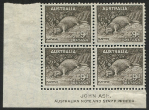 Australia: Other Pre-Decimals: 1938 (SG.173) 9d Platypus, Ash Imprint blk.(4); stamps MUH, mounted in the margin only.