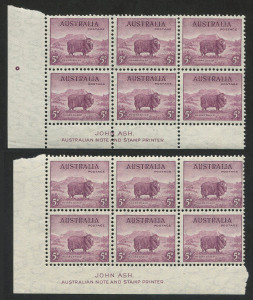 Australia: Other Pre-Decimals: 1938 (SG.171) 5d Merino Ram, Ash Imprint blk.6 with perf pip and perforations to base; also, another Ash Imprint blk.6 with perforations flush. (12). MUH.