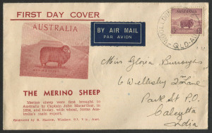 FDC: Dec.1938 5d Merino Ram on HASLEM FDC from WOOLOONGABBA, Qld to CALCUTTA, India with arrival b/stamps.