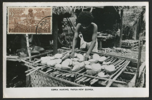 PAPUA NEW GUINEA: 1952 (SG.9) 9d Copra Making tied to the front of a photo postcard of the scene depicted on the stamp. An early maxi-card in superb condition.